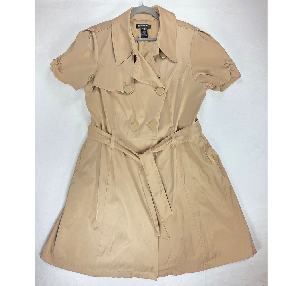 INC Women Beige Tan Short Sleeve Mini Trench Coat Wrap Belt Tie Chic Jacket XL